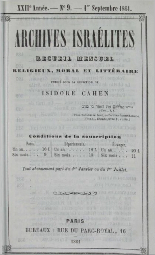 Archives israélites de France. Vol.22 N°09 (septembre 1861)